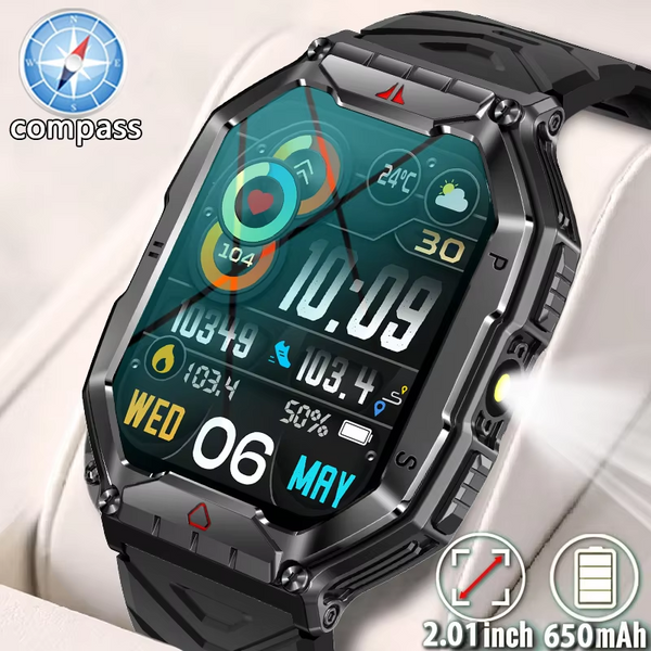 Rugged Military Compass Smart Watch Men AMOLED Screen LED Lighting GPS Sport 650 mAh Battery Bluetooth Call Smartwatch 2024 New