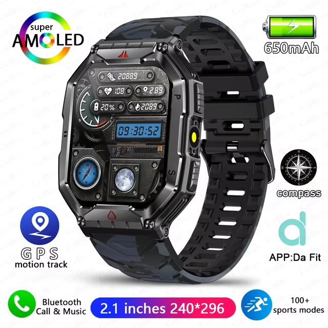 Rugged Military Compass Smart Watch Men AMOLED Screen LED Lighting GPS Sport 650 mAh Battery Bluetooth Call Smartwatch 2024 New