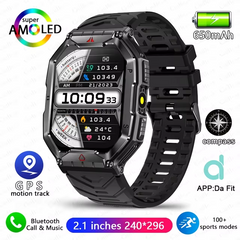 Rugged Military Compass Smart Watch Men AMOLED Screen LED Lighting GPS Sport 650 mAh Battery Bluetooth Call Smartwatch 2024 New