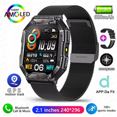 Rugged Military Compass Smart Watch Men AMOLED Screen LED Lighting GPS Sport 650 mAh Battery Bluetooth Call Smartwatch 2024 New