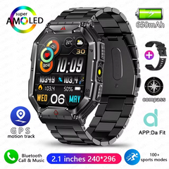 Rugged Military Compass Smart Watch Men AMOLED Screen LED Lighting GPS Sport 650 mAh Battery Bluetooth Call Smartwatch 2024 New